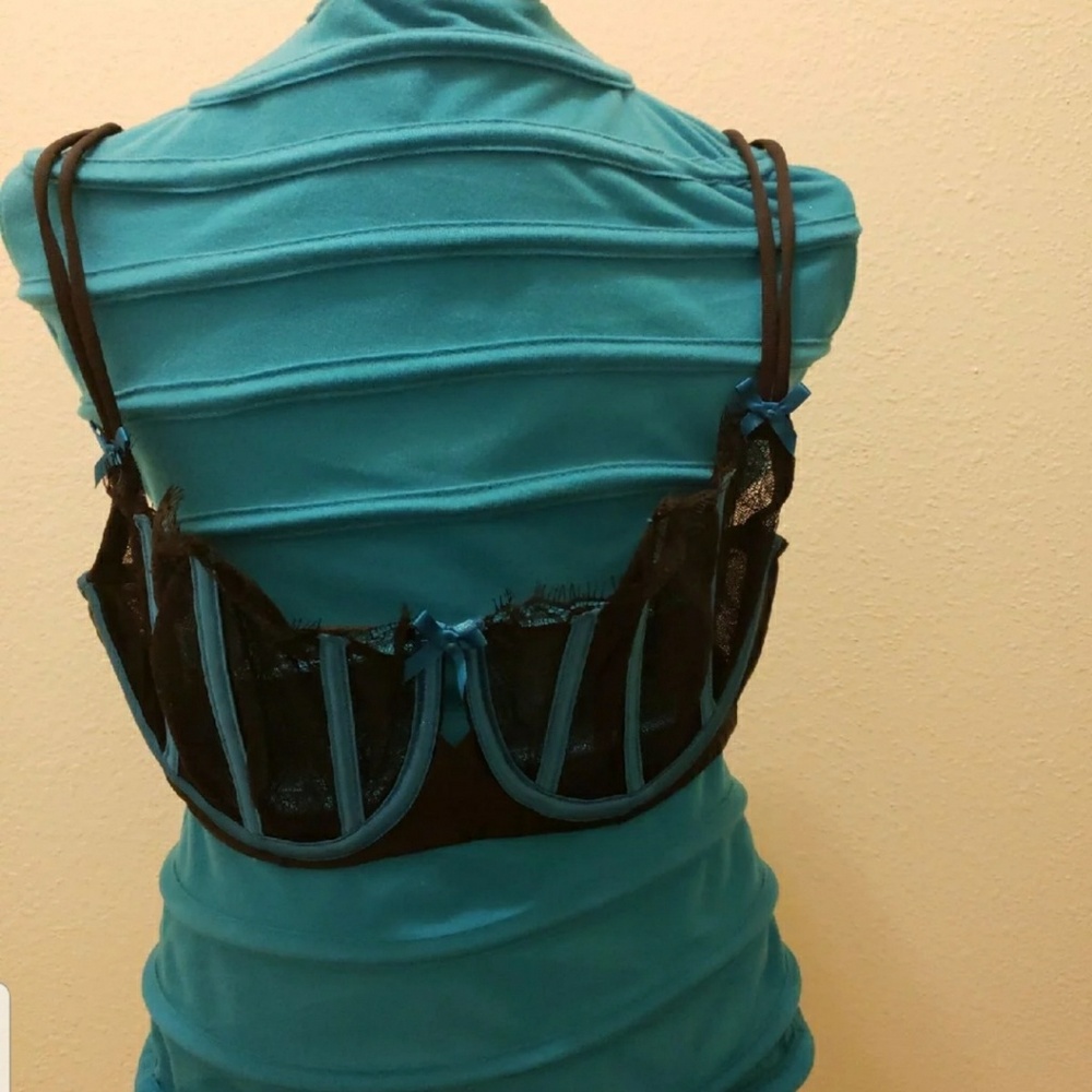 Black and Turquoise Lace and satin bra